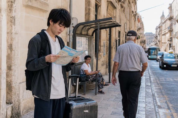 マルタの街中で地図を確認する留学生