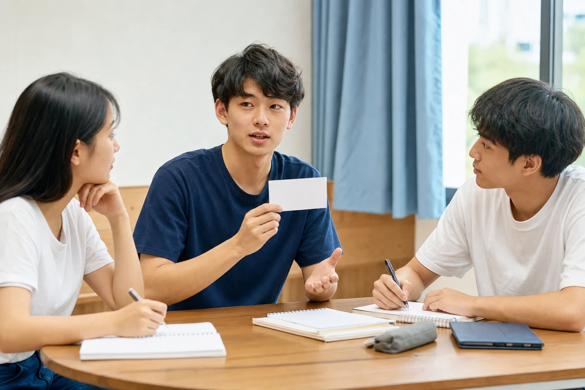 少人数で英語ディベートの練習をする学生3人