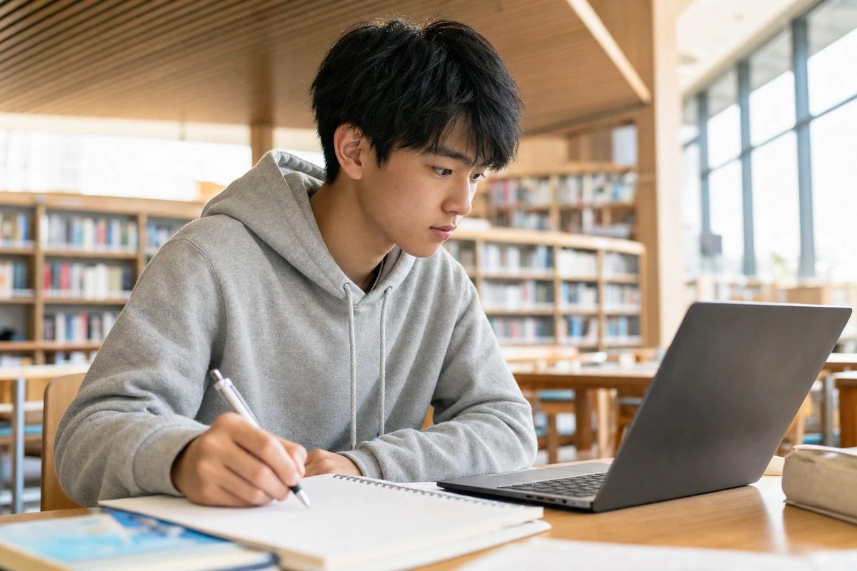 高校留学の学校や応募条件を調べてノートに整理する高校生