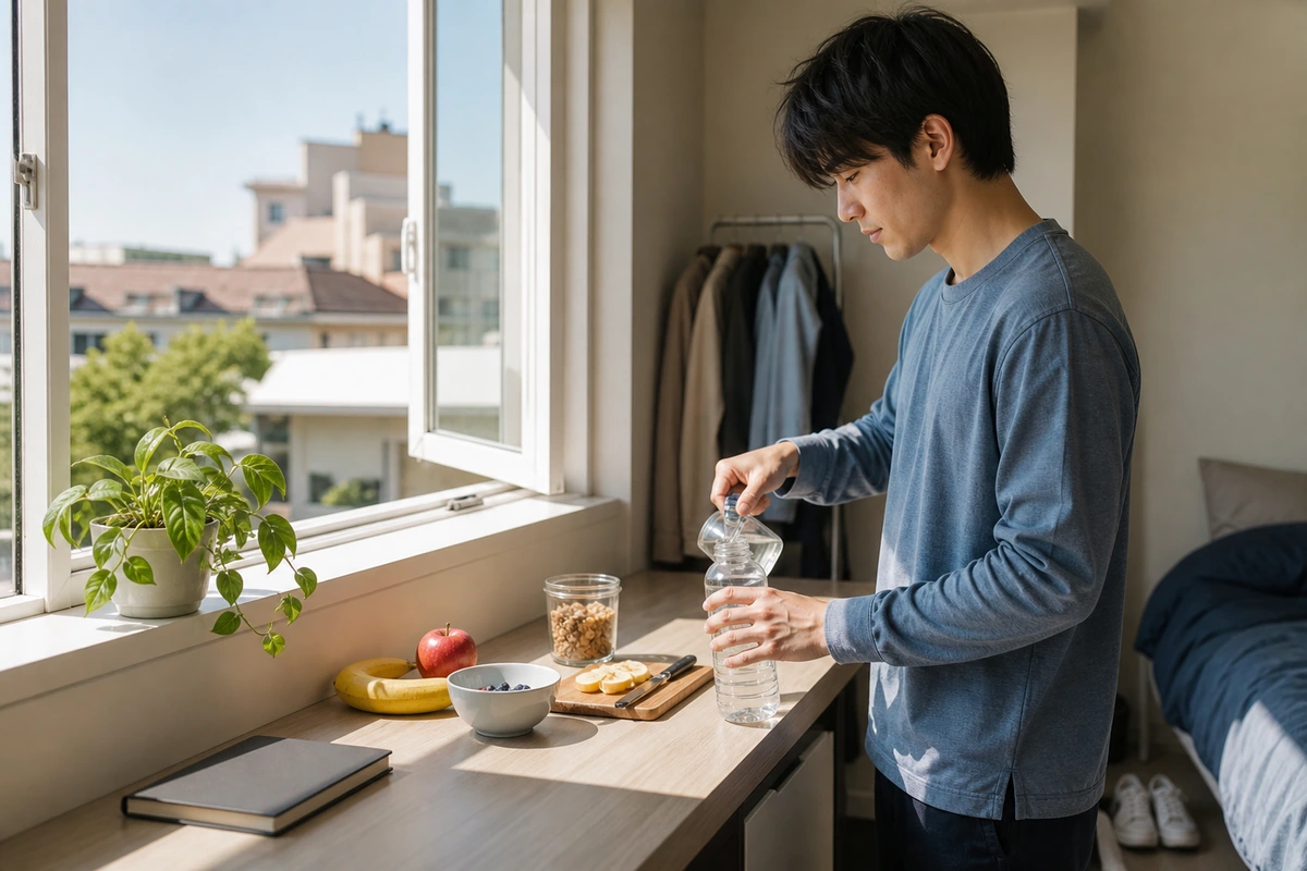 留学先の部屋で朝食と水分を用意し生活リズムを整える学生