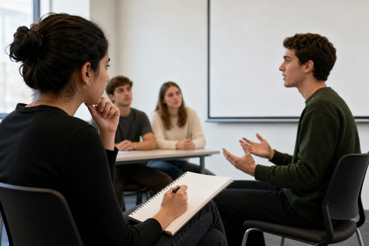 相手の英語スピーチを聞きながら論点をメモする学生
