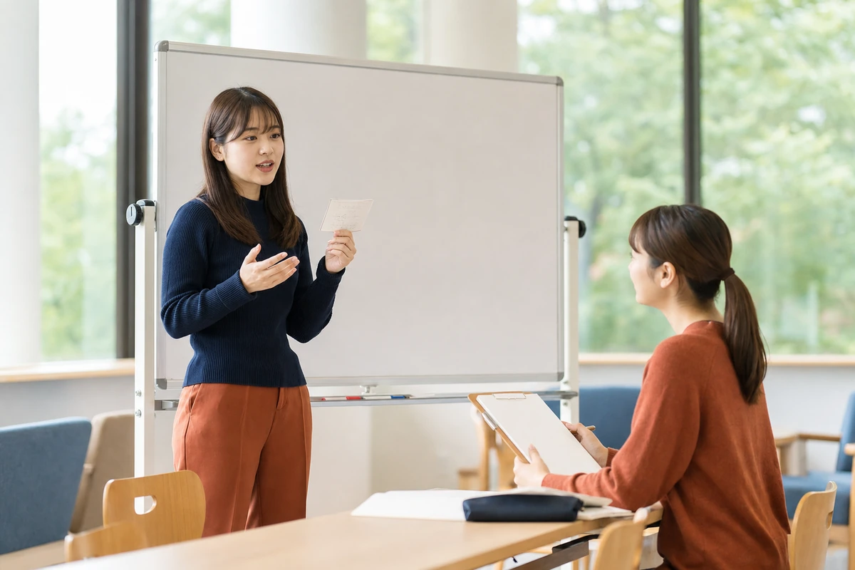 英語プレゼンを友人の前で練習する大学生