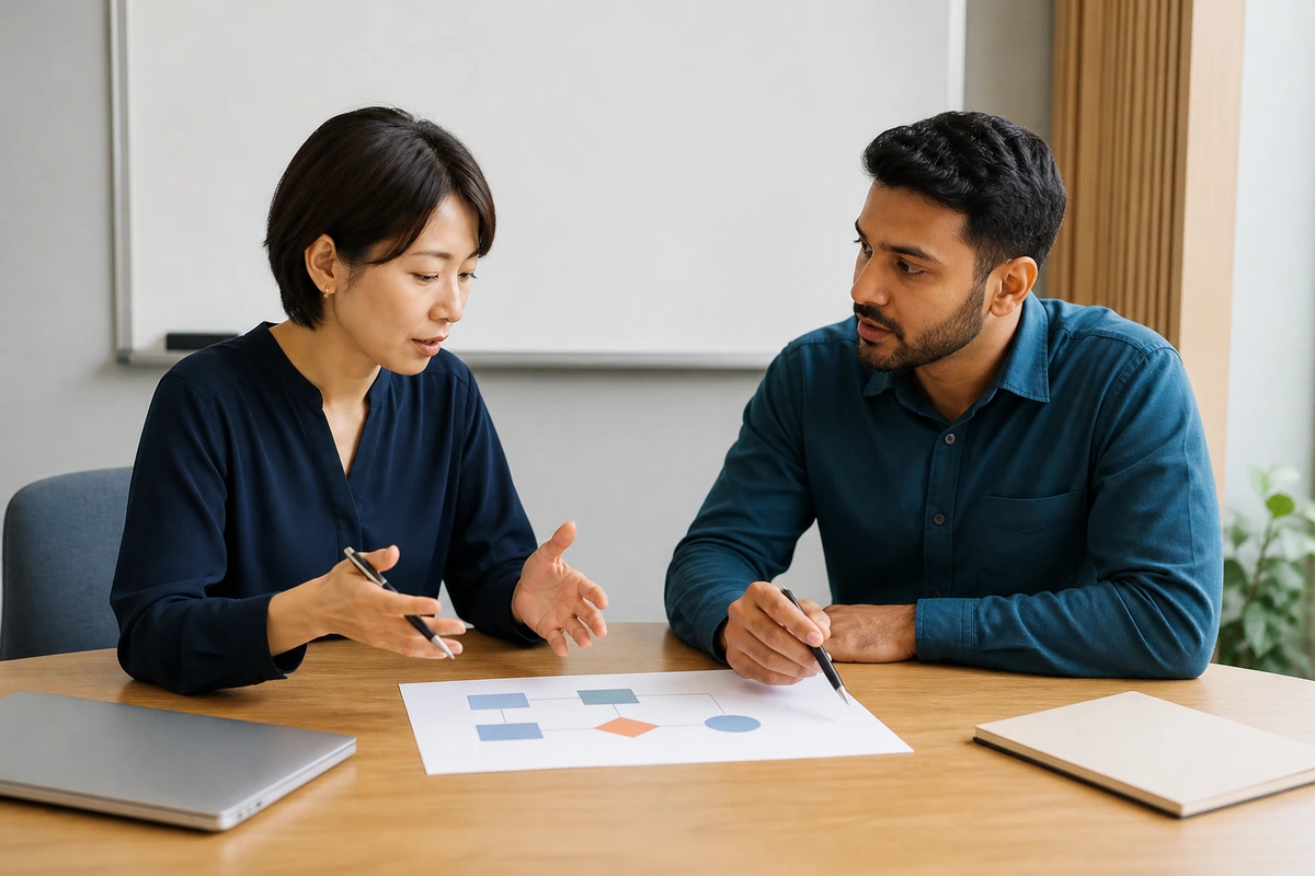 職場で図を見ながら認識を確認する2人の同僚